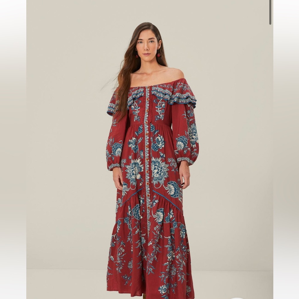 Farm Rio Red Tropical Landing Off Shoulder Maxi Dress